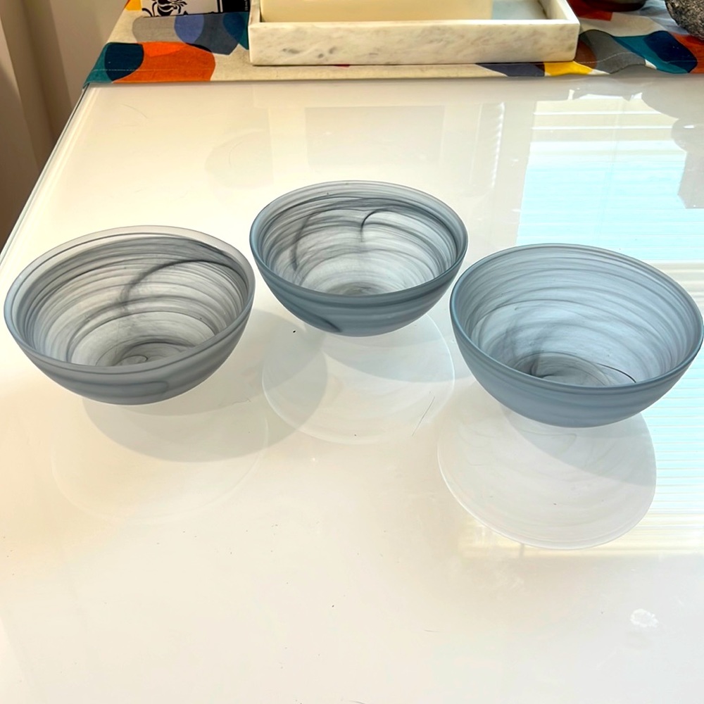 CB2 grey glass serving bowls grey swirls